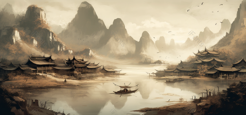 飞鸟水上人家船只中国风意境水墨画背景,插画/手绘图,插画/手绘图库,插画/手绘图下载,插画/手绘